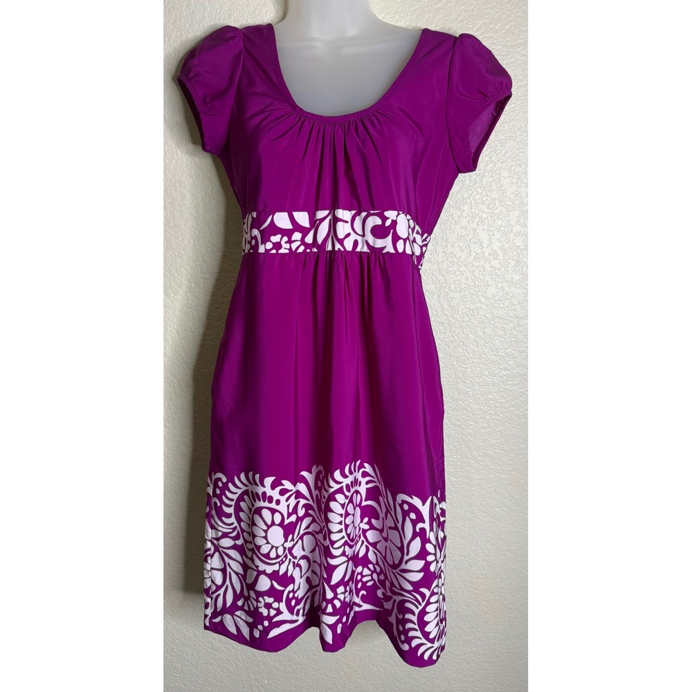 Banana Republic Womens 2 Mini Dress Magenta Pink Floral Empire Waist Puff Sleeve